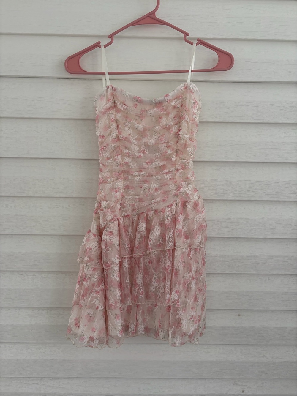Windsor Pink Floral Lace Ruched Tiered Mini Dress Ruffles Cottagecore Coquette
